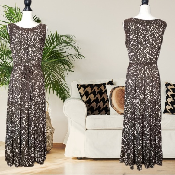 Perceptions New York Large Belted Midi Dress Brown White Polka Dot - Picture 5 of 12